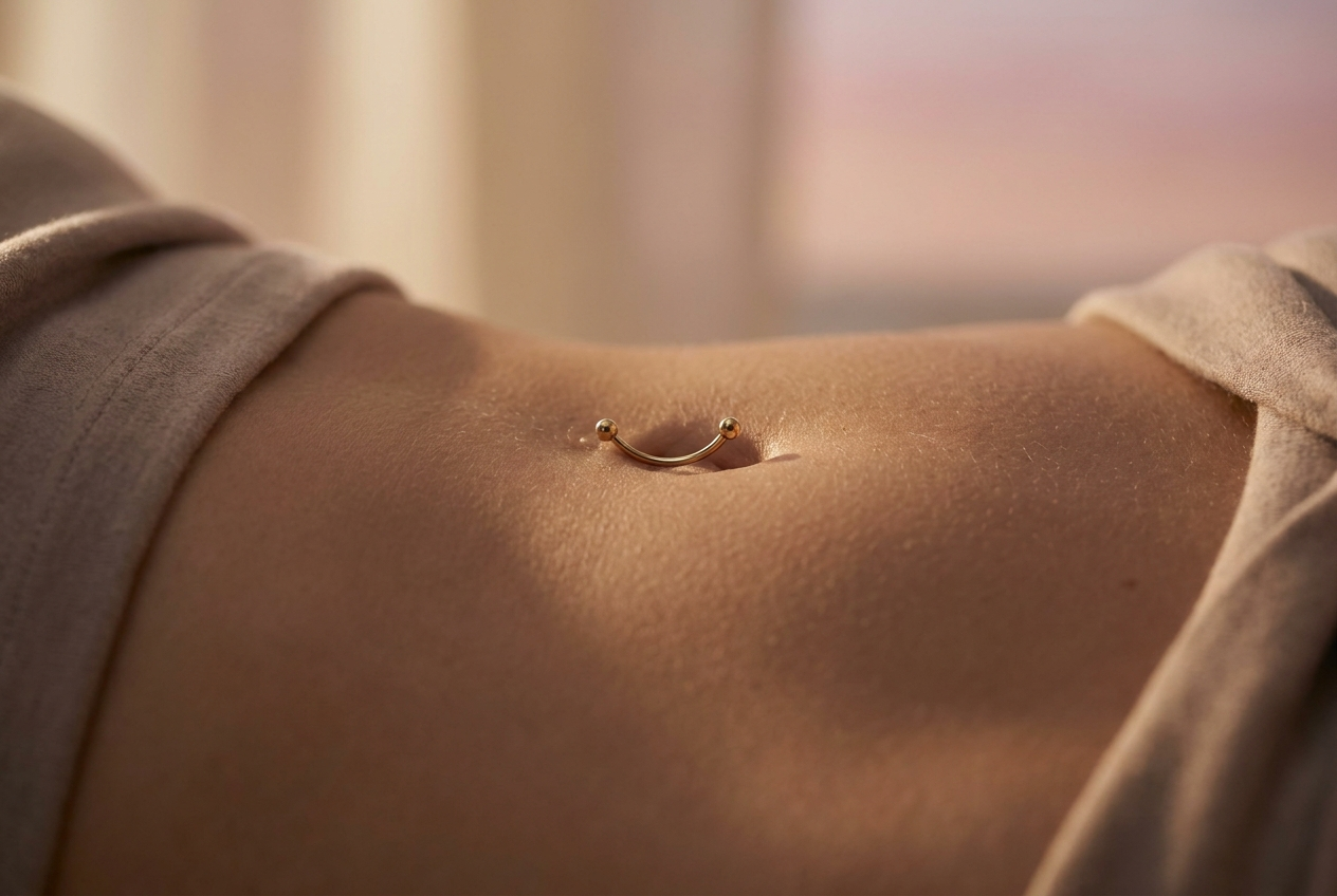 Editorial close-up of a gold titanium belly button (navel) piercing on skin in warm natural light