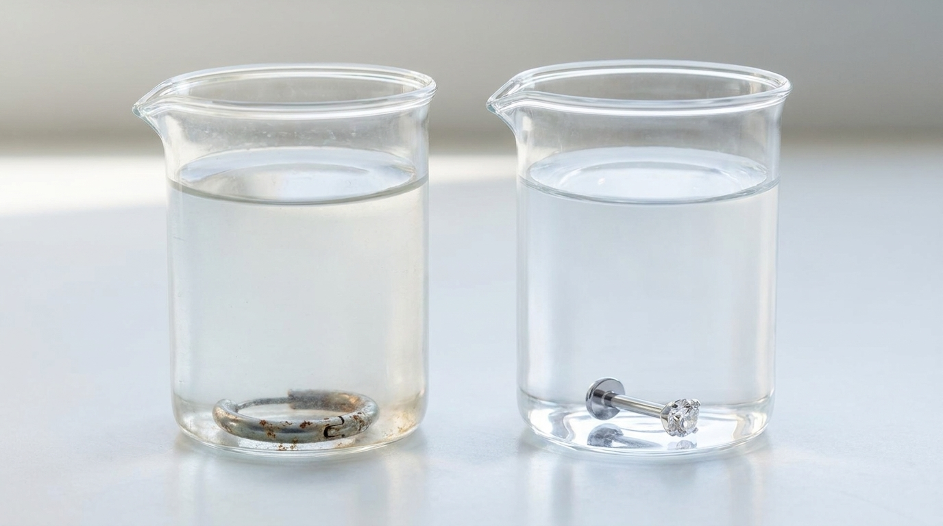 Two glass beakers of water side by side: a corroded stainless steel hoop earring in hazy water next to a pristine rhokea titanium flat back stud in clear water