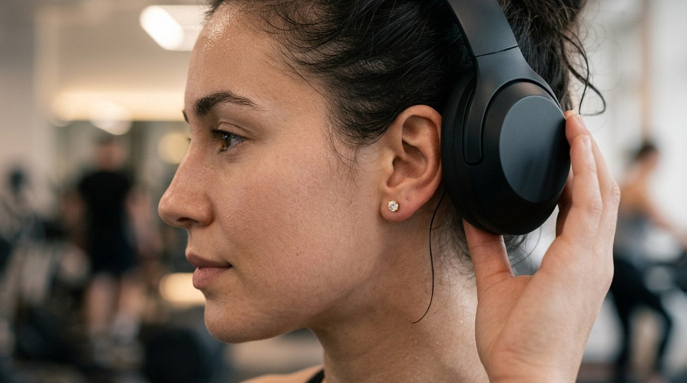 Woman at the gym lifting her headphones away from her ear, wearing a gold titanium flat back stud earring