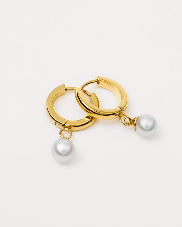 Freshwater Pearl Huggie Hoop Earrings in Gold — titanium — Rhokea
