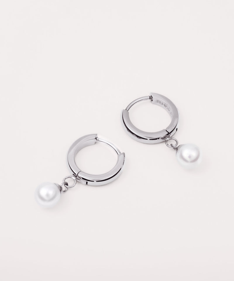 Freshwater Pearl Huggie Hoops in Silver — titanium — Rhokea